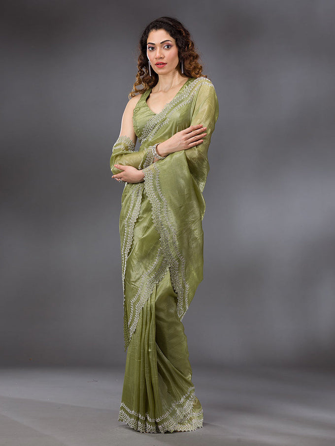Women's Tussar Silk Siroski Work Saree with Unstitch Blouse Piece Trendmalls