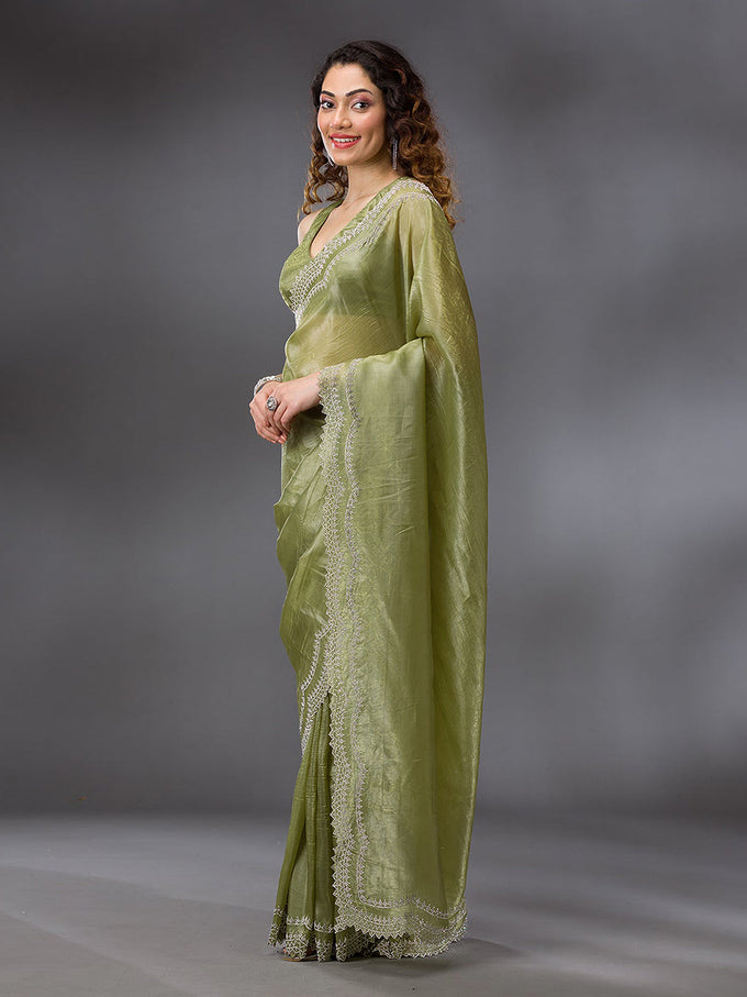 Women's Tussar Silk Siroski Work Saree with Unstitch Blouse Piece Trendmalls