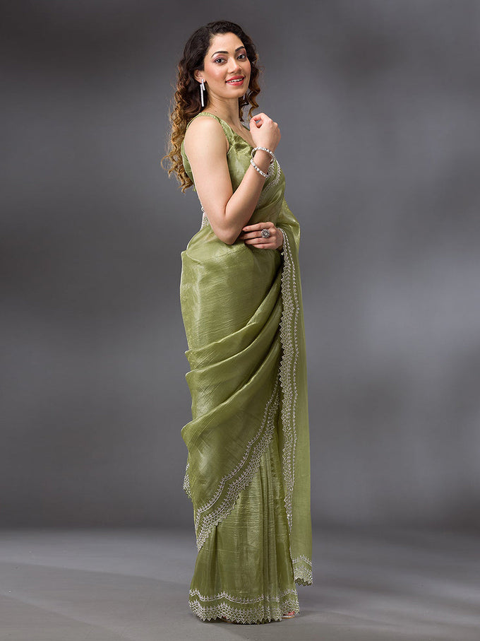 Women's Tussar Silk Siroski Work Saree with Unstitch Blouse Piece Trendmalls