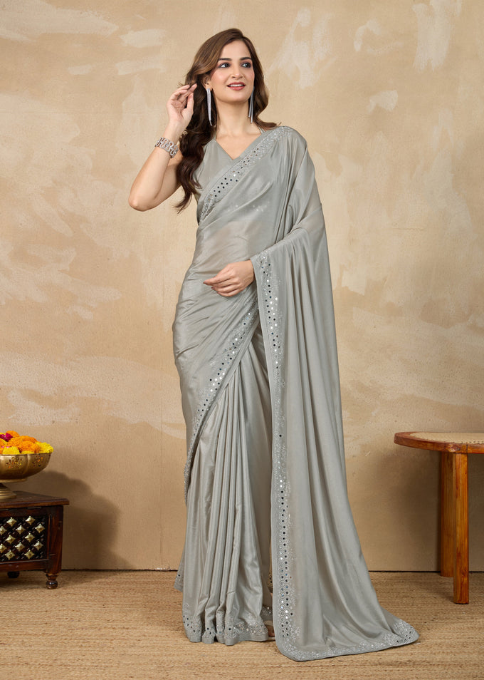 Women's Art Silk Siroski Mirror Work Saree with Unstitch Blouse Piece Trendmalls