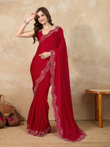 Red Satin Siroski Work Saree with Unstitch Blouse Piece For Women's Trendmalls