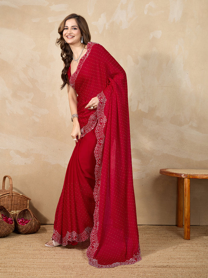 Red Satin Siroski Work Saree with Unstitch Blouse Piece For Women's Trendmalls