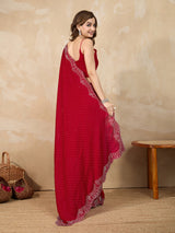 Red Satin Siroski Work Saree with Unstitch Blouse Piece For Women's Trendmalls