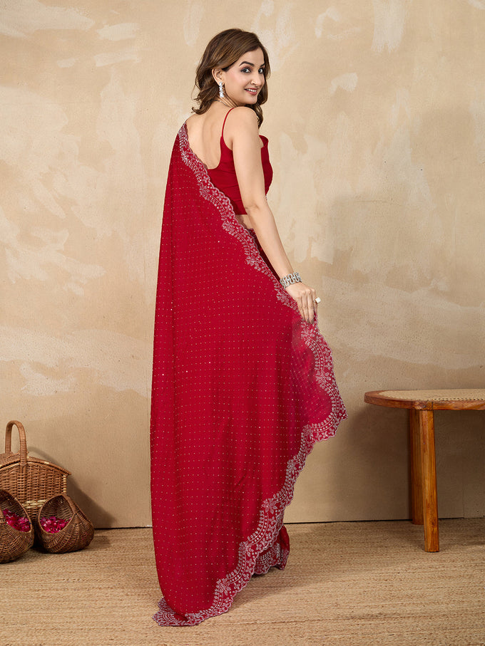 Red Satin Siroski Work Saree with Unstitch Blouse Piece For Women's Trendmalls