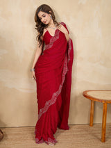 Red Satin Siroski Work Saree with Unstitch Blouse Piece For Women's Trendmalls