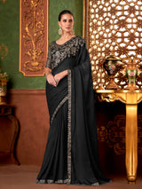 Black Chiffon Embroidery Saree with Unsttiched Blouse Piece For Women's Trendmalls