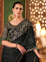 Black Chiffon Embroidery Saree with Unsttiched Blouse Piece For Women's Trendmalls