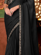 Black Chiffon Embroidery Saree with Unsttiched Blouse Piece For Women's Trendmalls