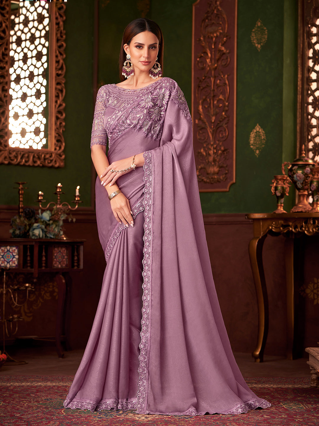 Light Pink Tussar Silk Embroidery Sequence Work Saree with Unstitch Blouse Piece