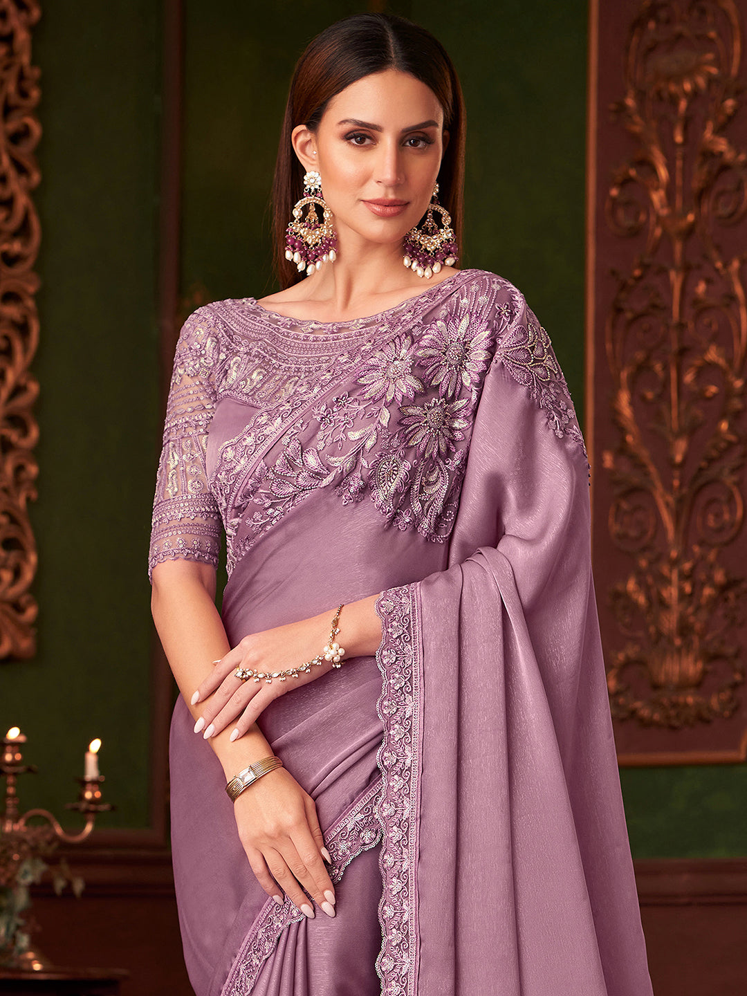 Light Pink Tussar Silk Embroidery Sequence Work Saree with Unstitch Blouse Piece