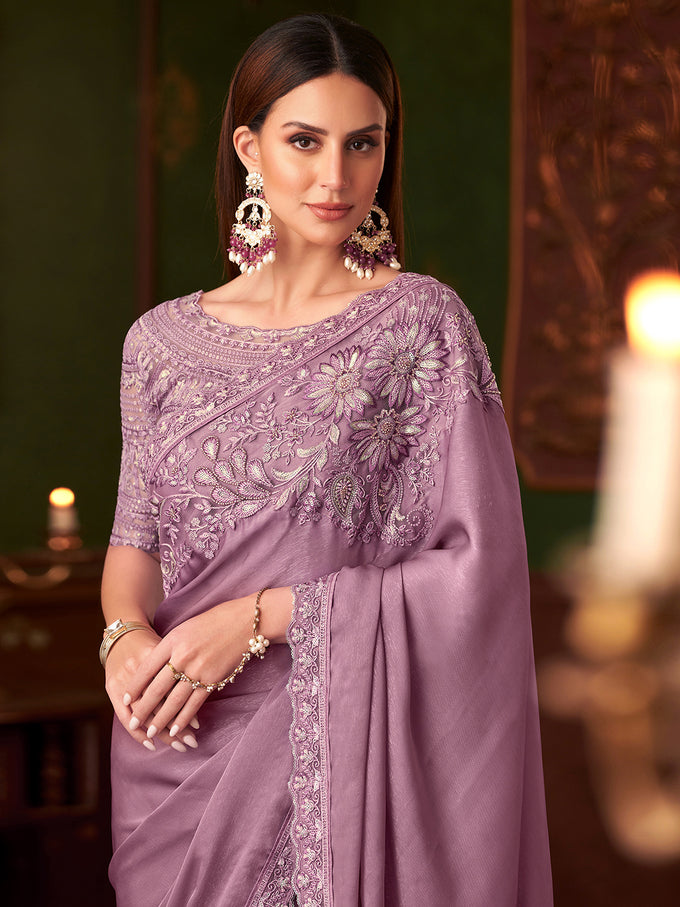 Light Pink Tussar Silk Embroidery Sequence Work Saree with Unstitch Blouse Piece