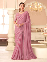 Light Pink Chiffon Embroidery Sequence work Saree with Unstitched Blouse Piece Trendmalls
