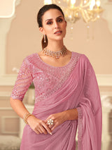 Light Pink Chiffon Embroidery Sequence work Saree with Unstitched Blouse Piece Trendmalls