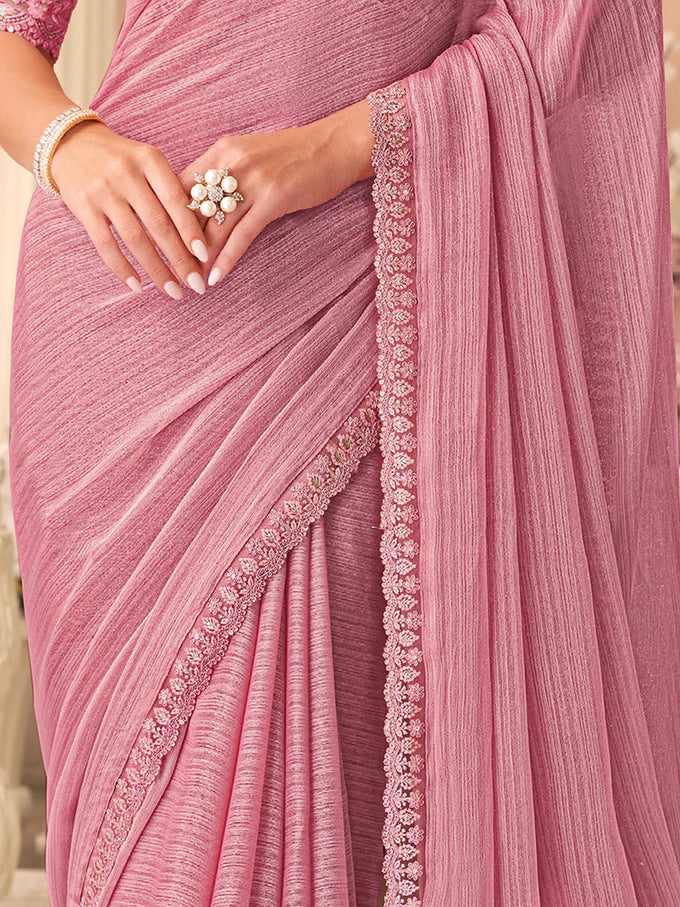 Light Pink Chiffon Embroidery Sequence work Saree with Unstitched Blouse Piece Trendmalls