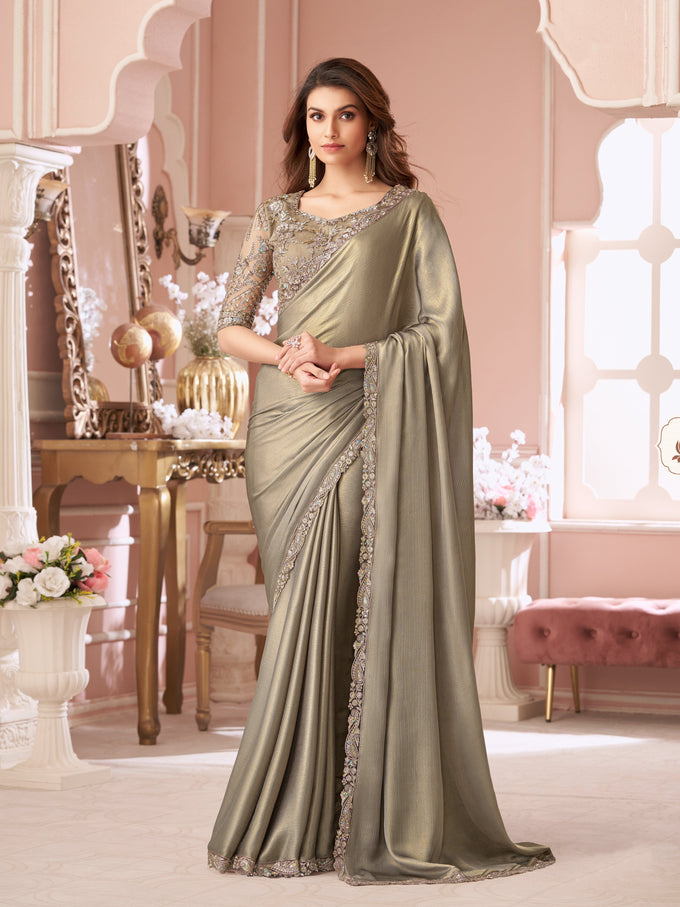 Tussar Silk Embroidery With Sequence Work Saree with Unstitched Blouse Trendmalls
