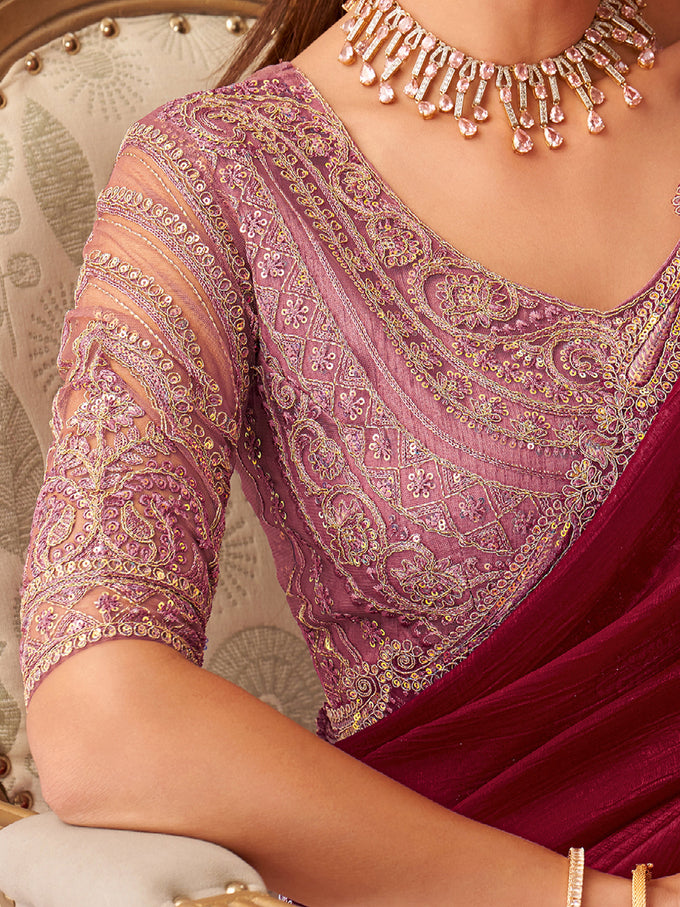 Tussar Silk Embroidery Sequence Work Saree with Unstitch Blouse Piece Trendmalls