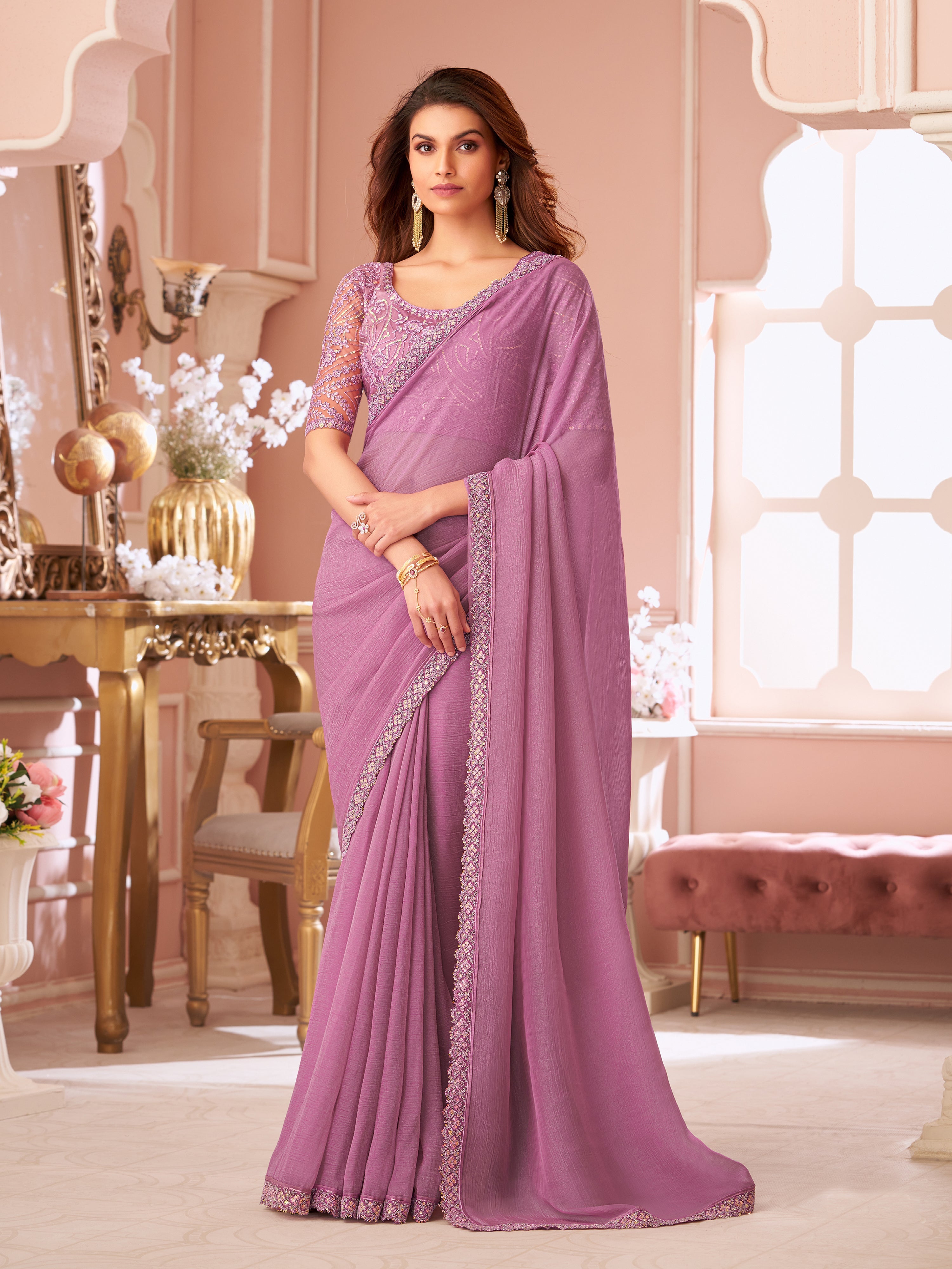Pink Tussar Silk Embroidery Sequence work Saree with Unstitched Blouse Piece Trendmalls