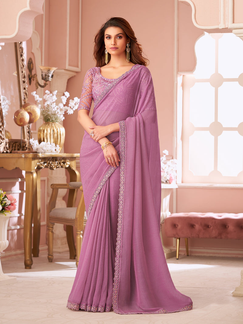 Pink Tussar Silk Embroidery Sequence work Saree with Unstitched Blouse Piece Trendmalls
