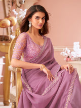 Pink Tussar Silk Embroidery Sequence work Saree with Unstitched Blouse Piece Trendmalls
