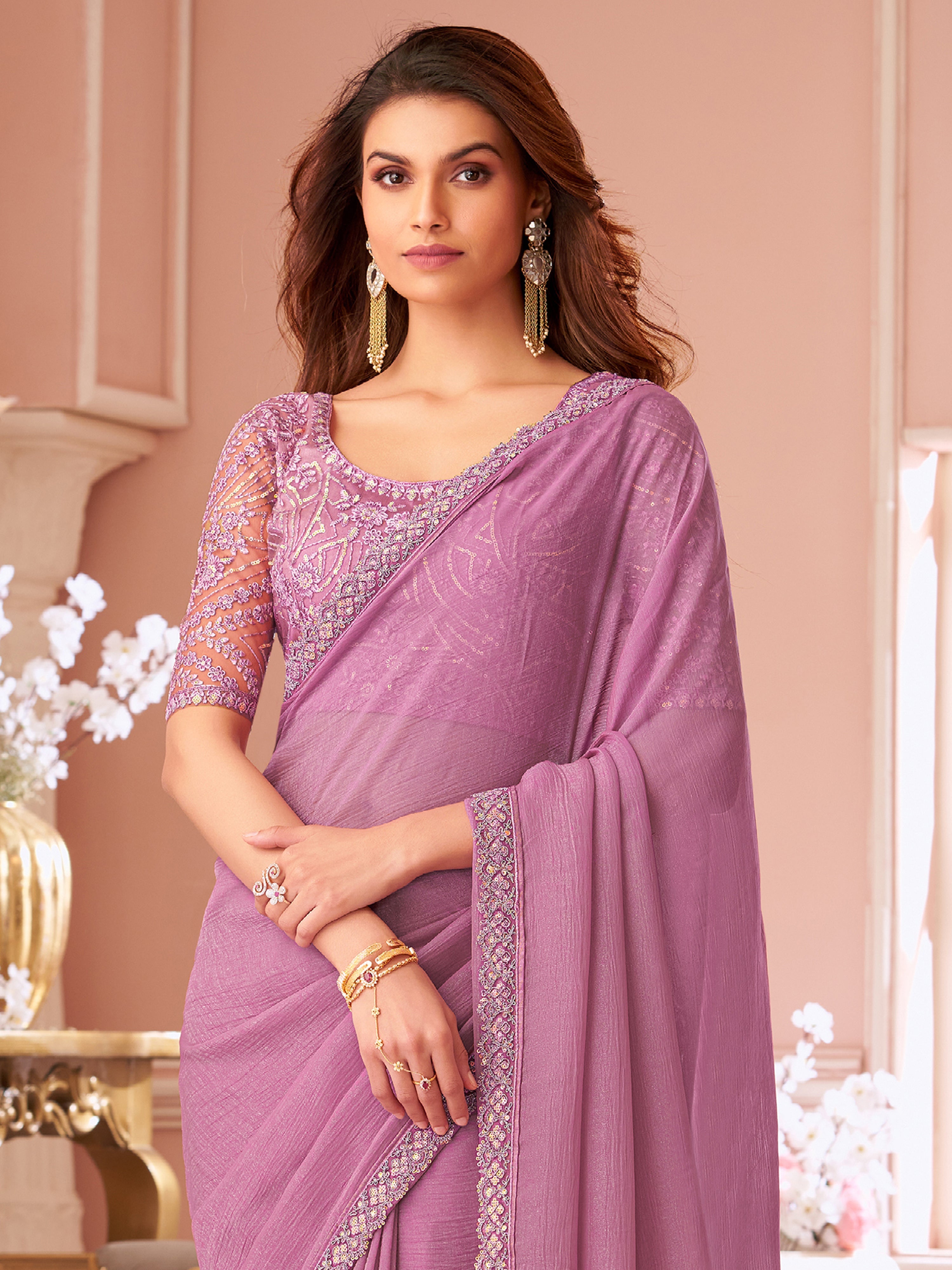 Pink Tussar Silk Embroidery Sequence work Saree with Unstitched Blouse Piece Trendmalls