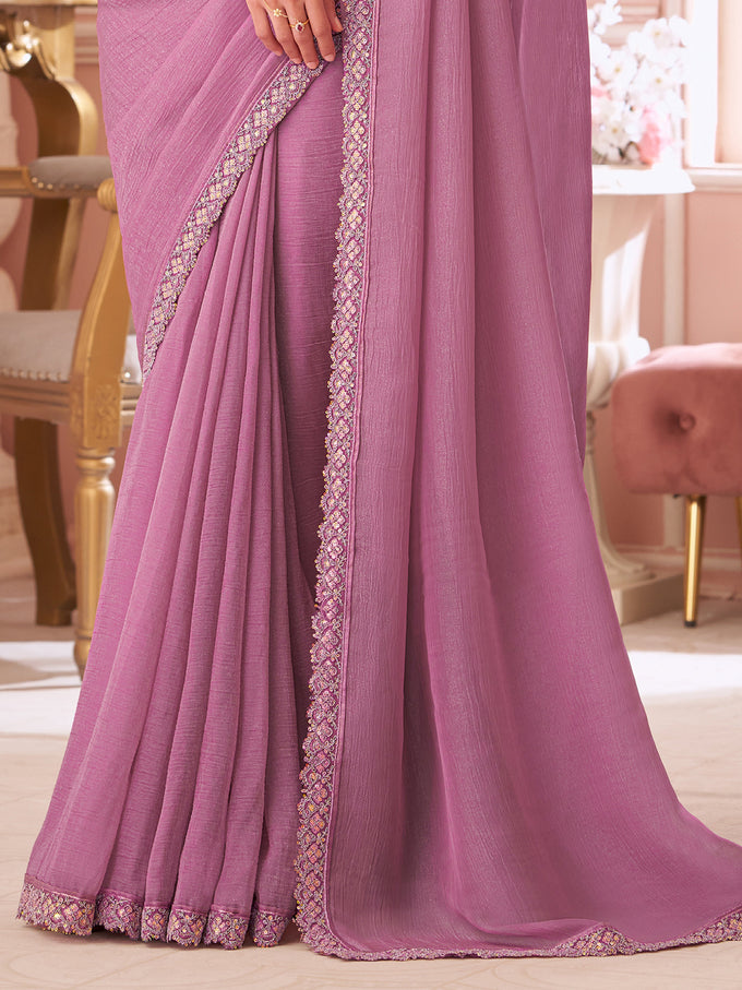 Pink Tussar Silk Embroidery Sequence work Saree with Unstitched Blouse Piece Trendmalls