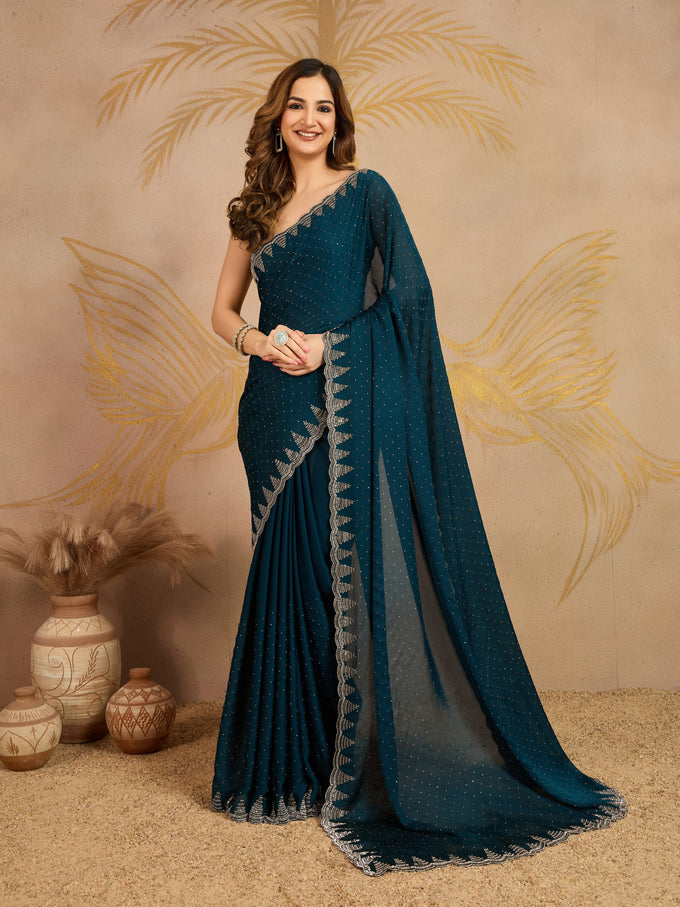 Morpeach Satin Siroski work Saree with Unstitched Blouse Piece For Women's Trendmalls