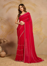 Red Satin Zarkan Siroski work Saree with Unstitched Blouse Piece For Women's Trendmalls