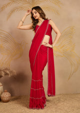 Red Satin Zarkan Siroski work Saree with Unstitched Blouse Piece For Women's Trendmalls