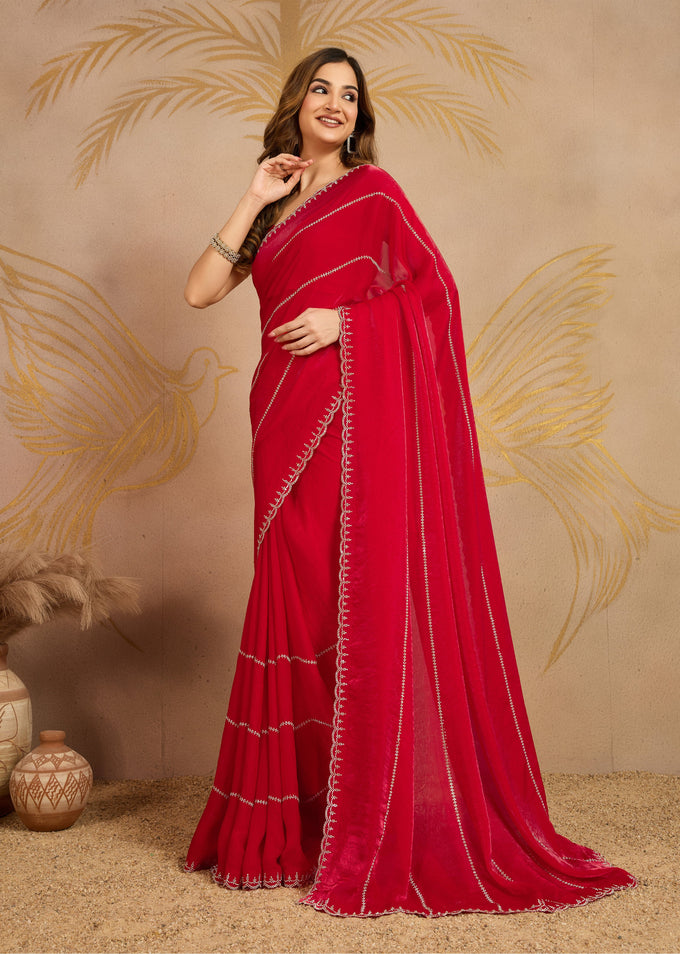 Red Satin Zarkan Siroski work Saree with Unstitched Blouse Piece For Women's Trendmalls