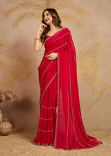 Red Satin Zarkan Siroski work Saree with Unstitched Blouse Piece For Women's Trendmalls