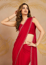 Red Satin Zarkan Siroski work Saree with Unstitched Blouse Piece For Women's Trendmalls