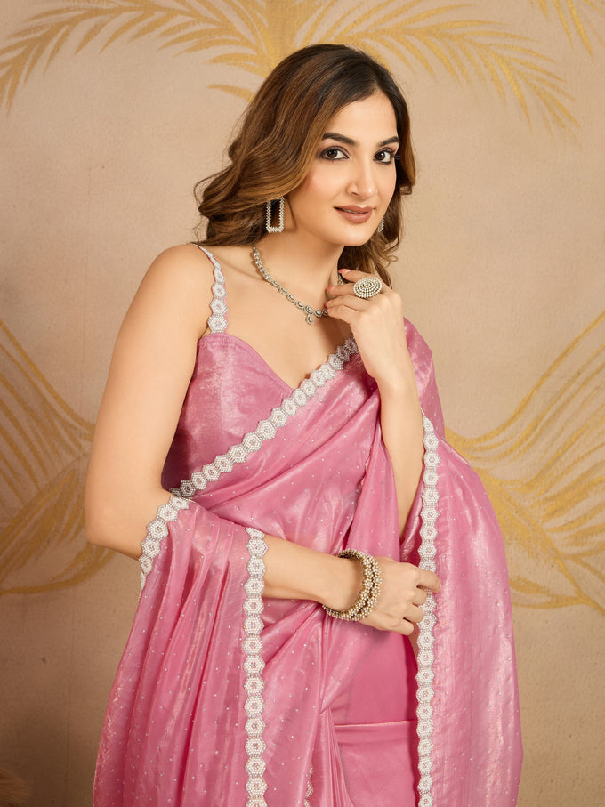 Light Pink Art Silk Siroski Work Saree with Unstitch Blouse Piece Trendmalls