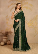Dark Green Art Silk Embroidery Work Saree With Unstitched Blouse Piece For Woman's Trendmalls