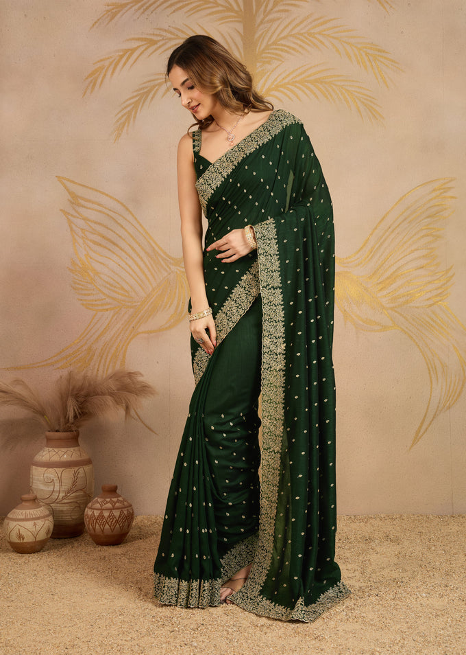 Dark Green Art Silk Embroidery Work Saree With Unstitched Blouse Piece For Woman's Trendmalls