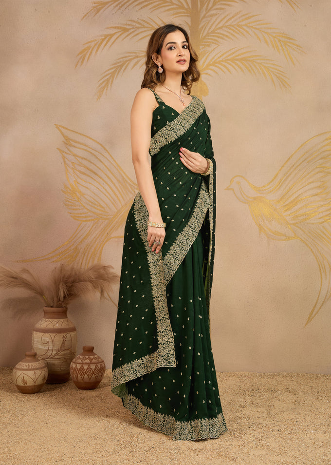 Dark Green Art Silk Embroidery Work Saree With Unstitched Blouse Piece For Woman's Trendmalls