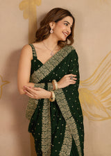 Dark Green Art Silk Embroidery Work Saree With Unstitched Blouse Piece For Woman's Trendmalls