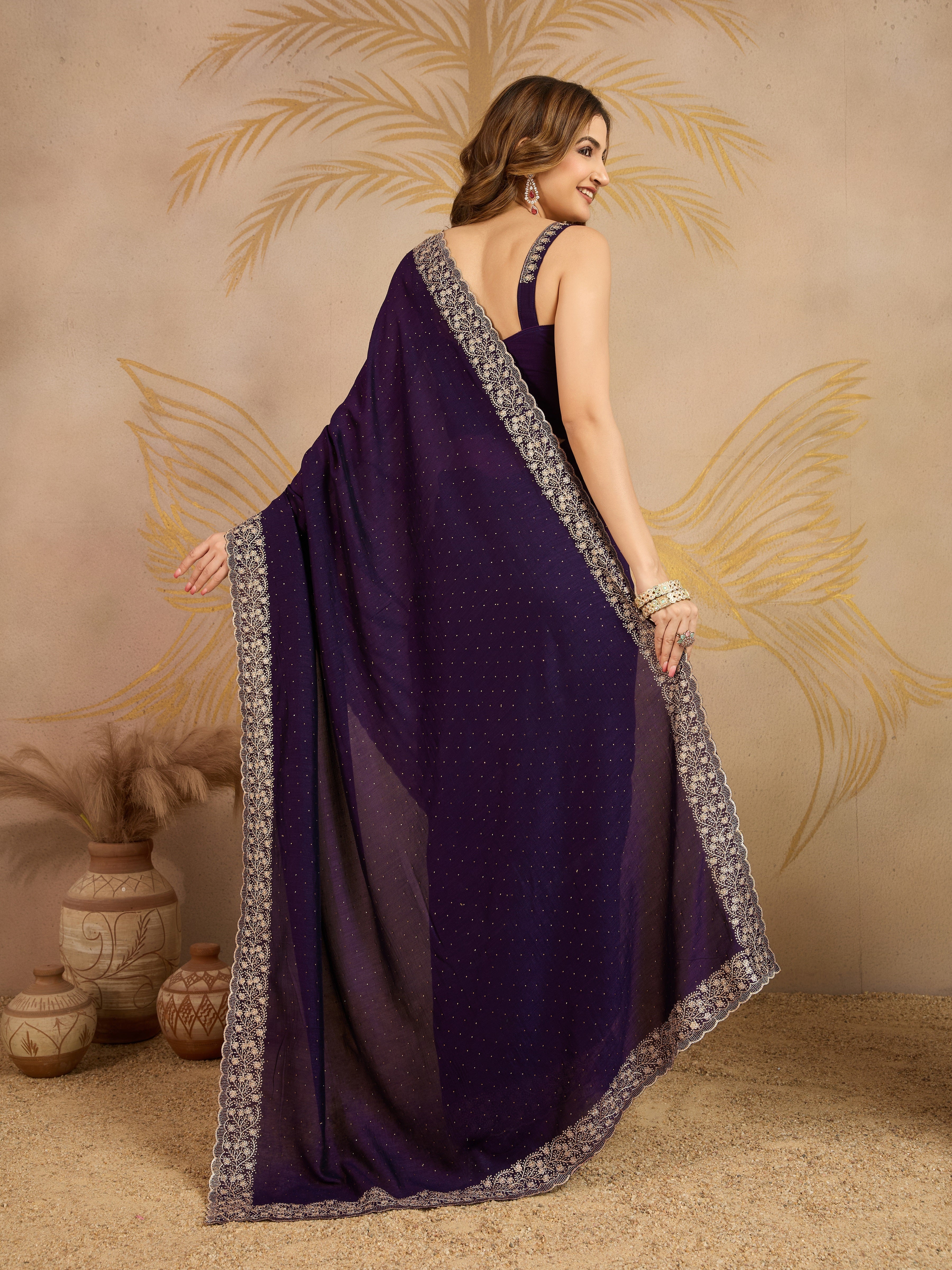 Purple Art Silk Embroidery Work Saree With Unstitched Blouse Piece For Woman's Trendmalls