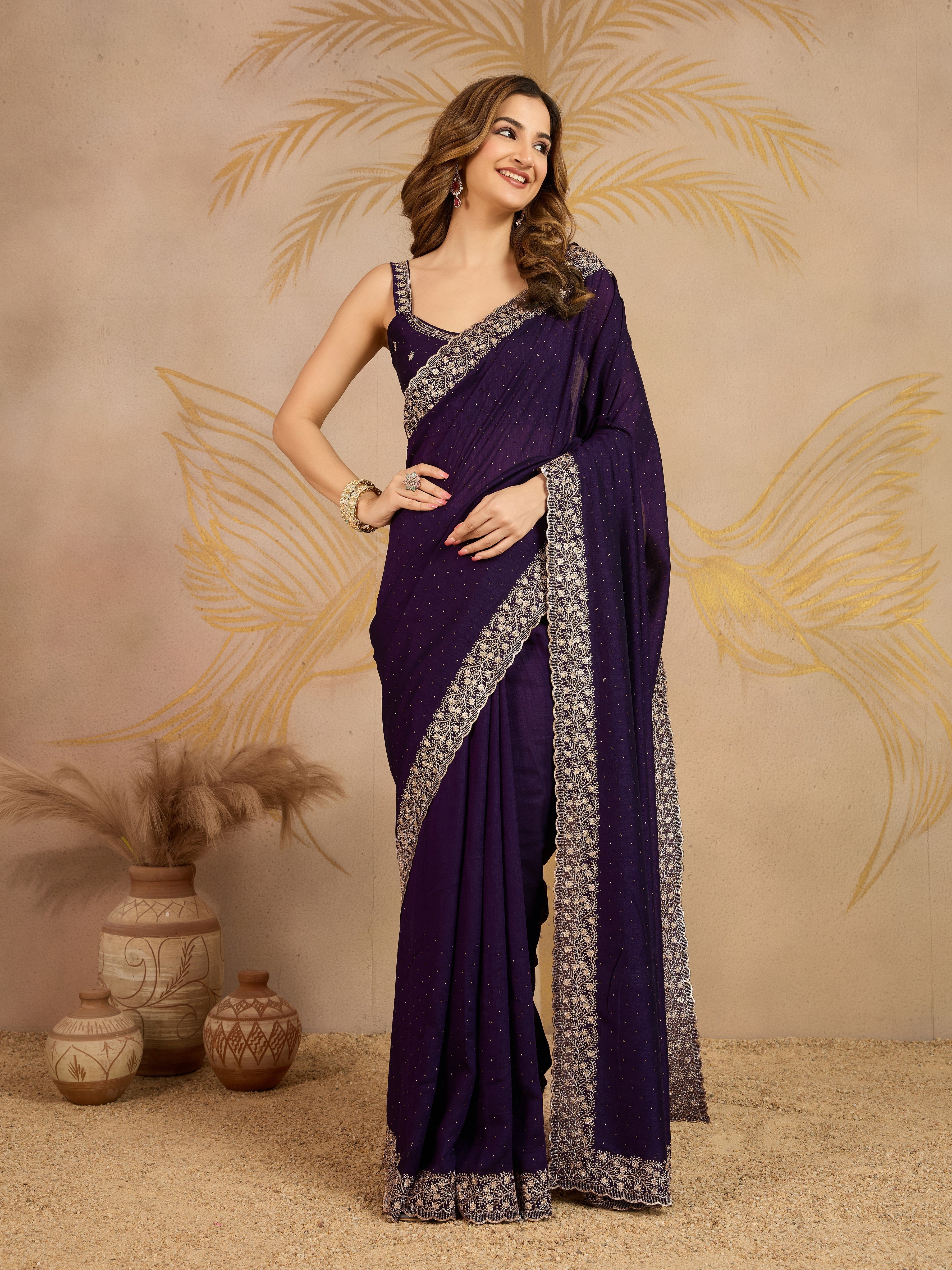 Purple Art Silk Embroidery Work Saree With Unstitched Blouse Piece For Woman's Trendmalls