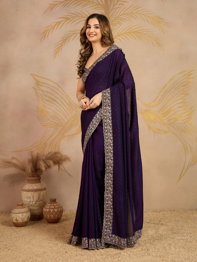 Purple Art Silk Embroidery Work Saree With Unstitched Blouse Piece For Woman's Trendmalls