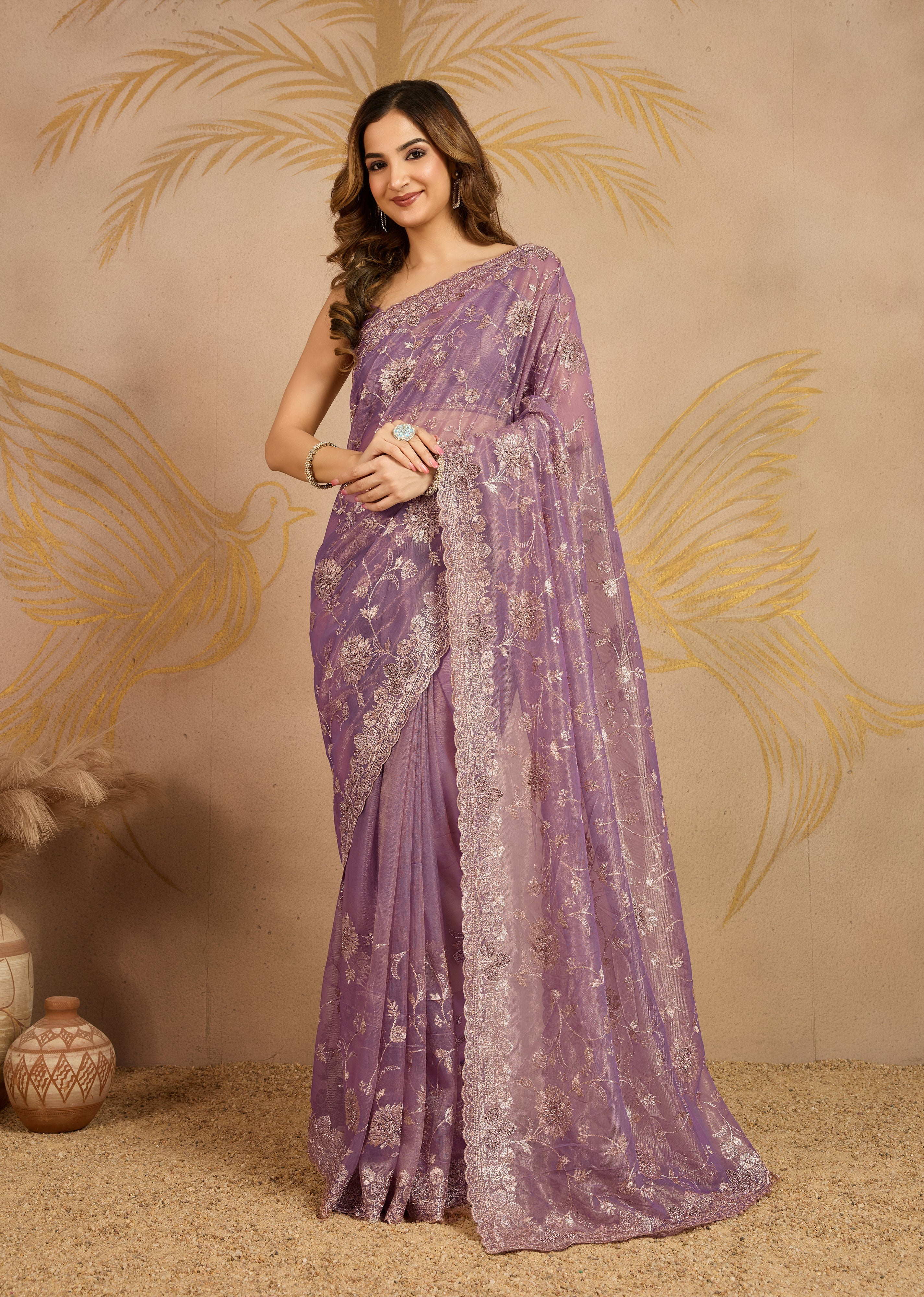 Light Purple Net Embroidery Work Saree With Unstitched Blouse Piece For Woman's Trendmalls