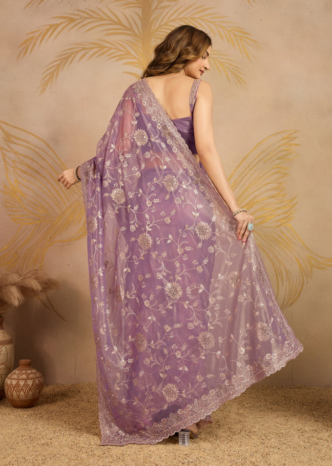 Light Purple Net Embroidery Work Saree With Unstitched Blouse Piece For Woman's Trendmalls