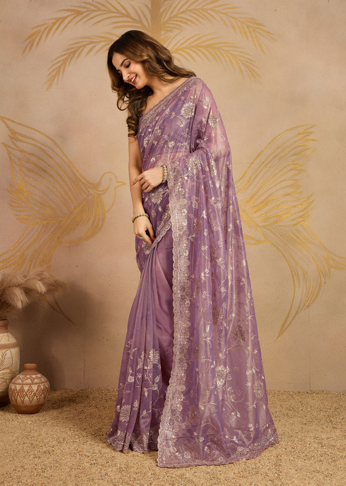 Light Purple Net Embroidery Work Saree With Unstitched Blouse Piece For Woman's Trendmalls