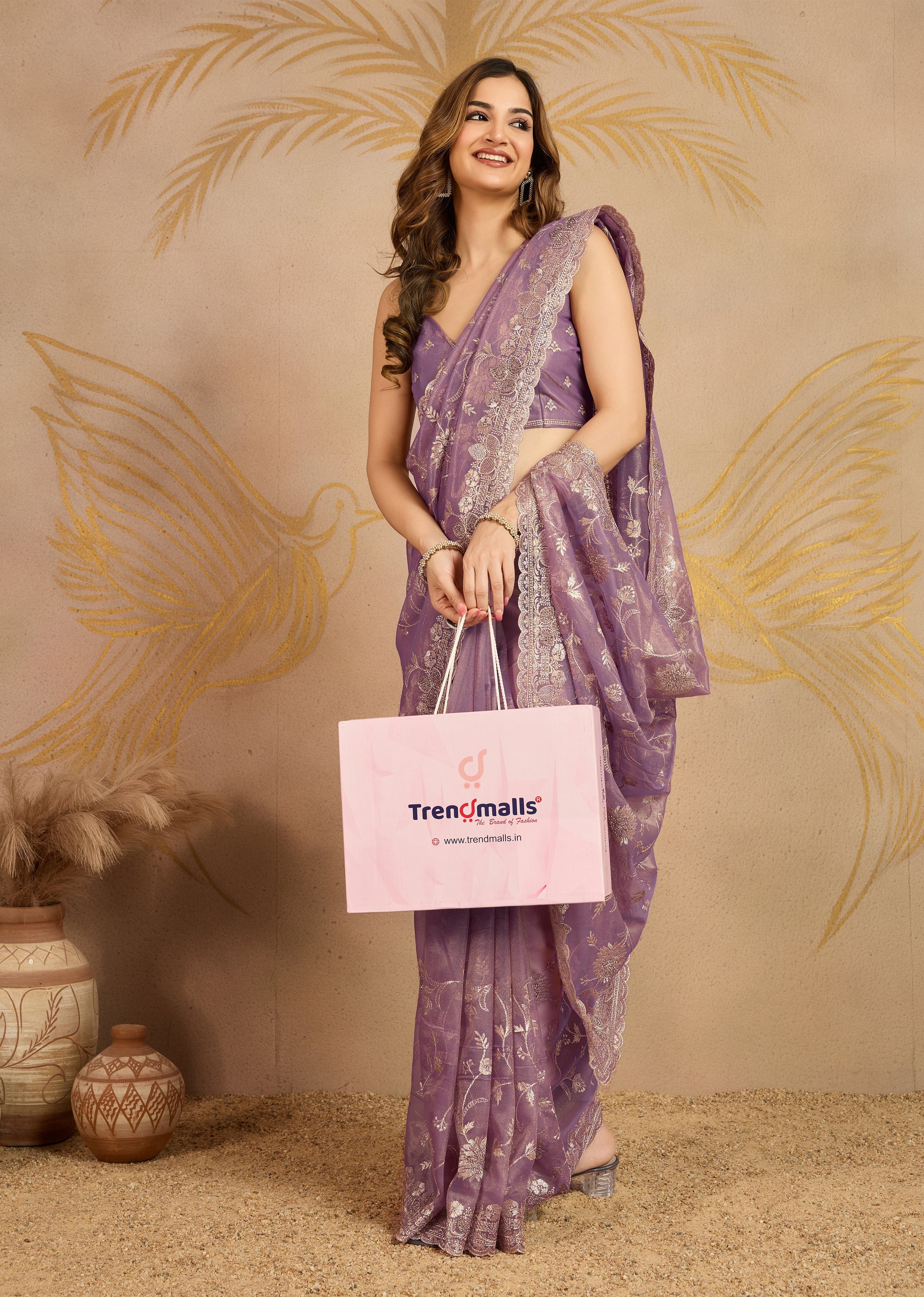 Light Purple Net Embroidery Work Saree With Unstitched Blouse Piece For Woman's Trendmalls