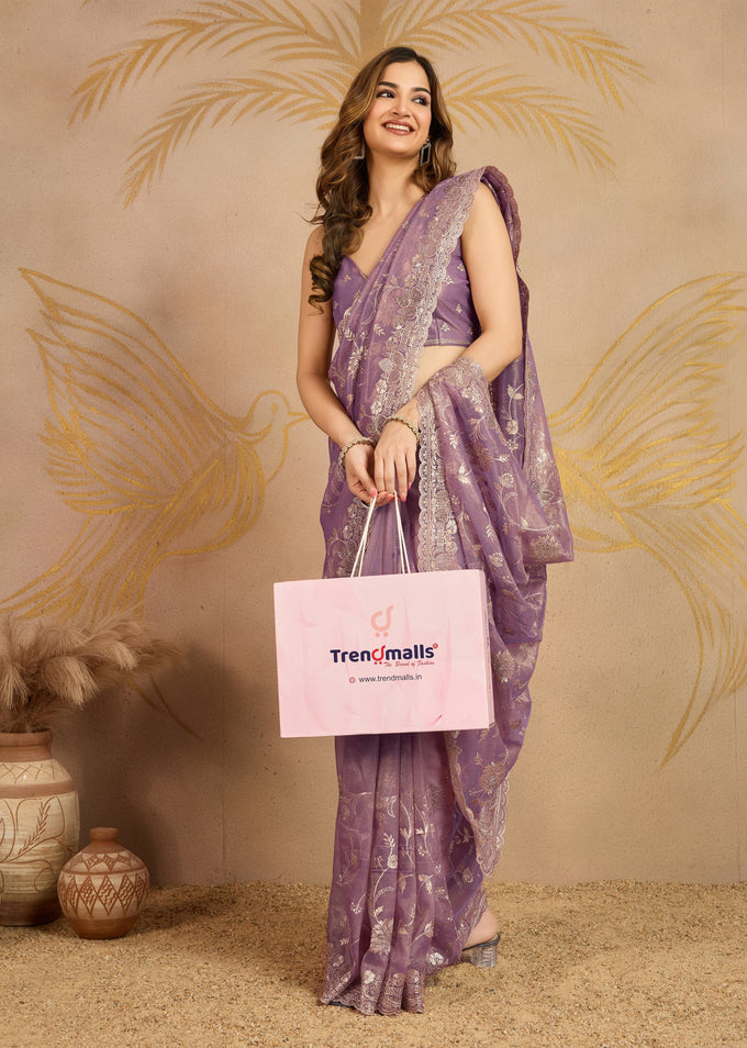 Light Purple Net Embroidery Work Saree With Unstitched Blouse Piece For Woman's Trendmalls