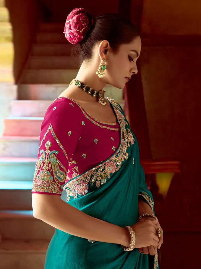 Teal Blue Satin Embroidery Sequence work Saree with Unstitched Blouse Piece Trendmalls