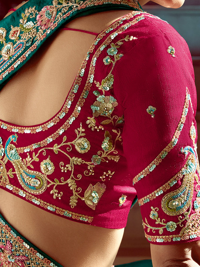 Teal Blue Satin Embroidery Sequence work Saree with Unstitched Blouse Piece Trendmalls