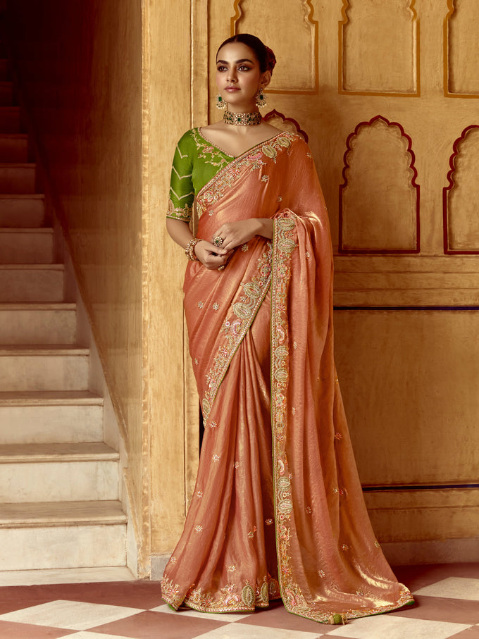 Orange Satin Embroidery Sequence work Saree with Unstitched Blouse Piece Trendmalls