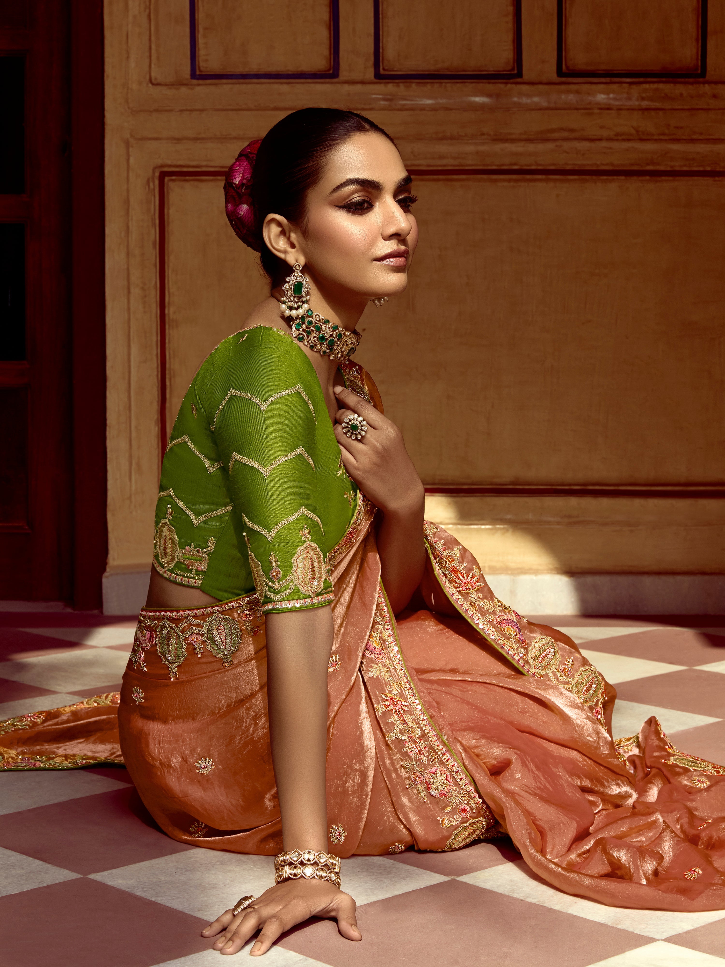 Orange Satin Embroidery Sequence work Saree with Unstitched Blouse Piece Trendmalls