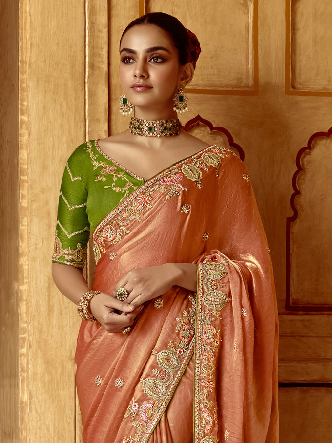 Orange Satin Embroidery Sequence work Saree with Unstitched Blouse Piece Trendmalls