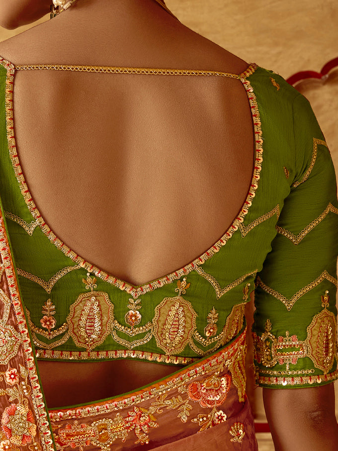 Orange Satin Embroidery Sequence work Saree with Unstitched Blouse Piece Trendmalls